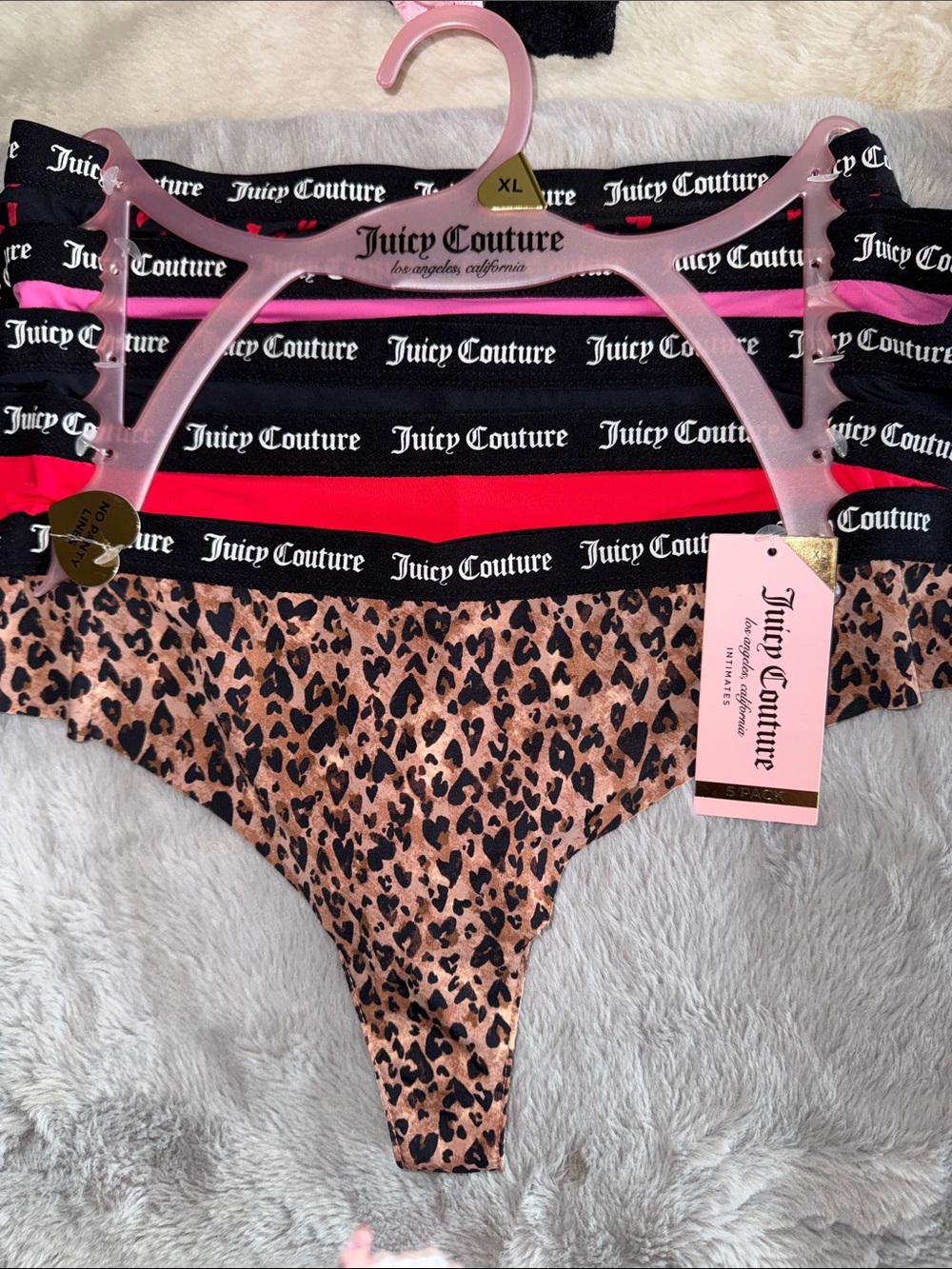 Juicy Couture Leopard Print Thong Panty with Pink & Black Striped Waistband